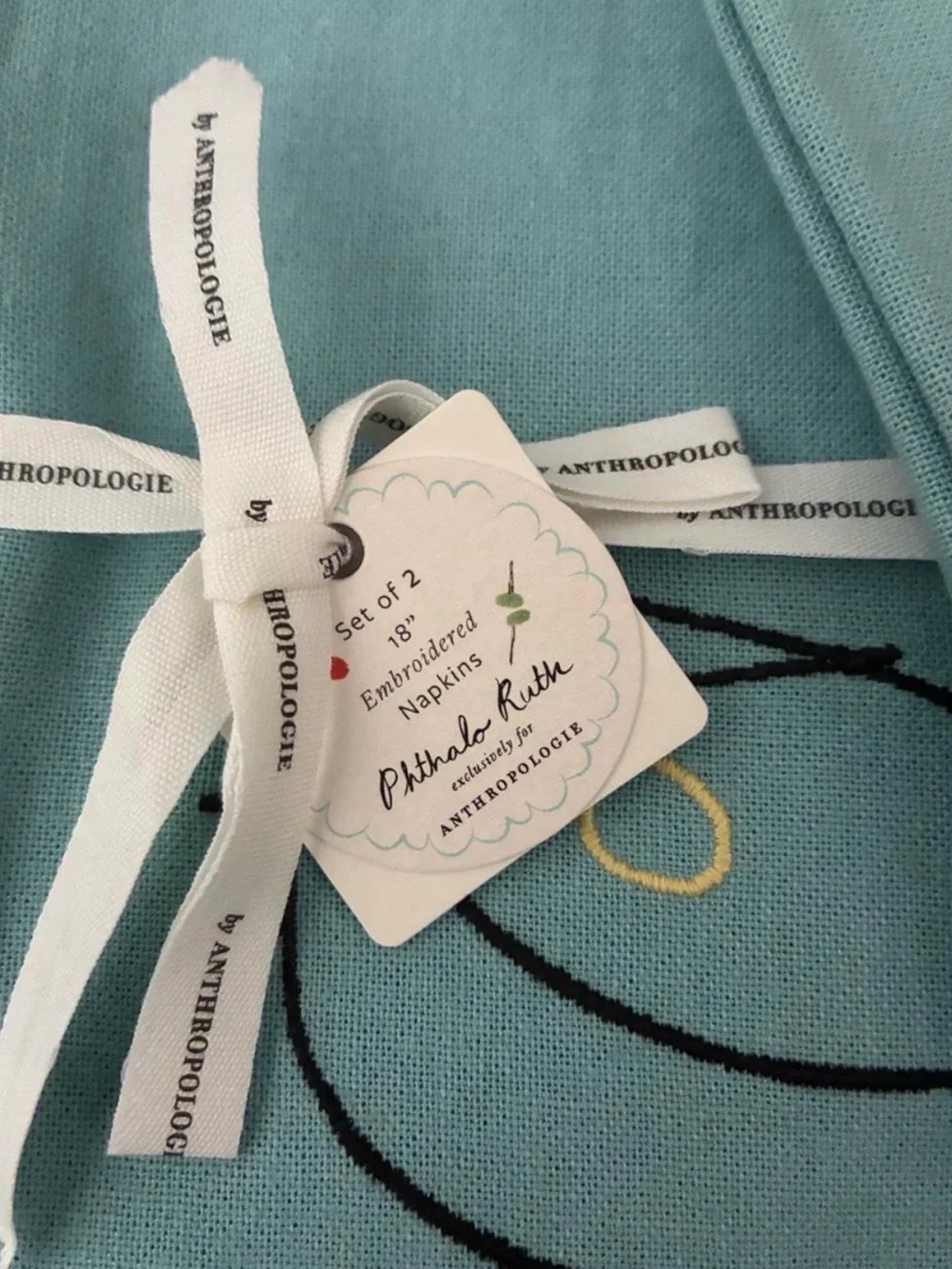 Anthropologie Teal Cloth Dinner Napkins with Cocktail Outline and Gold Trim